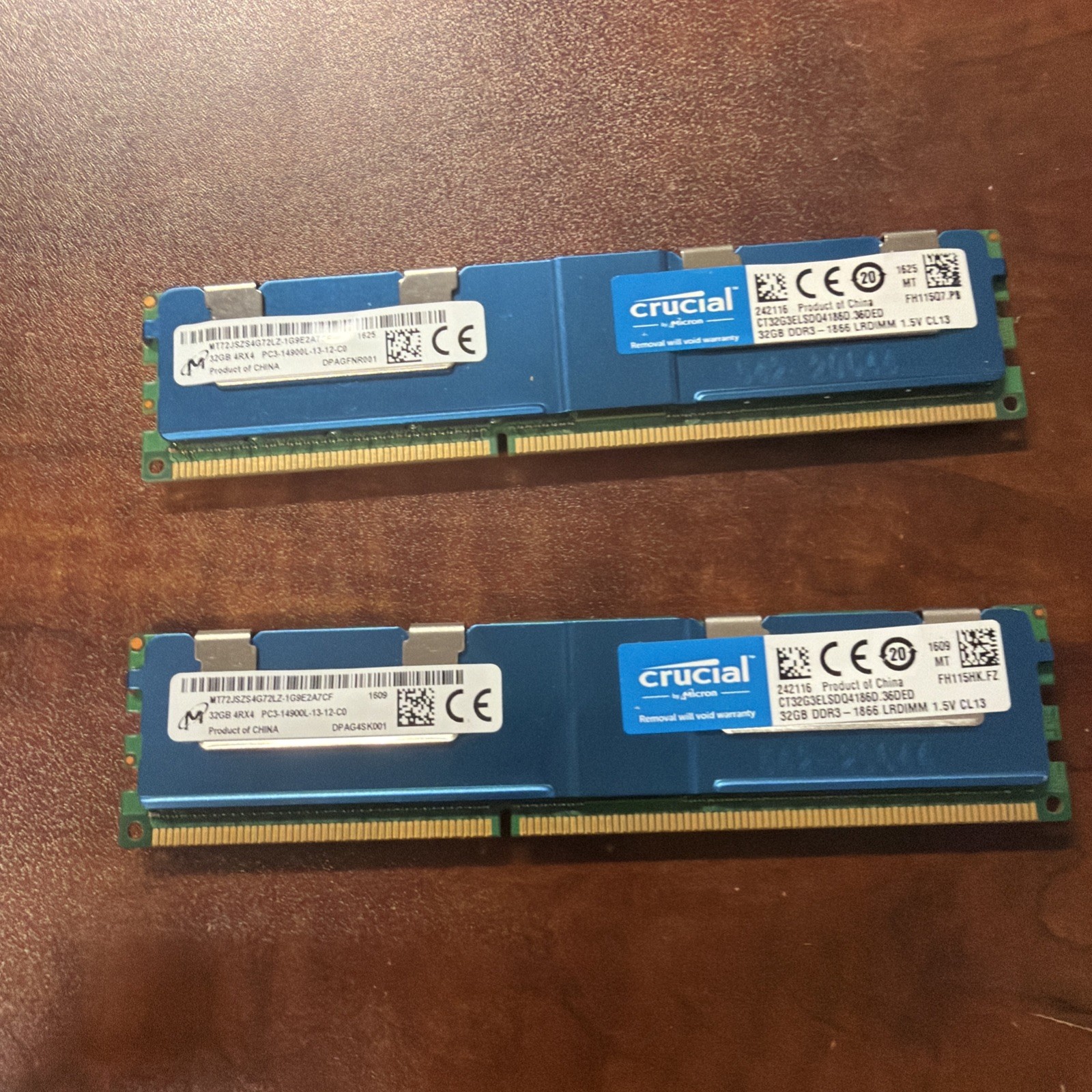 Lot(2) Micron 32GB 4Rx4 PC3-14900L Server Memory MT72JSZS4G72LZ-1G9E2A7CE