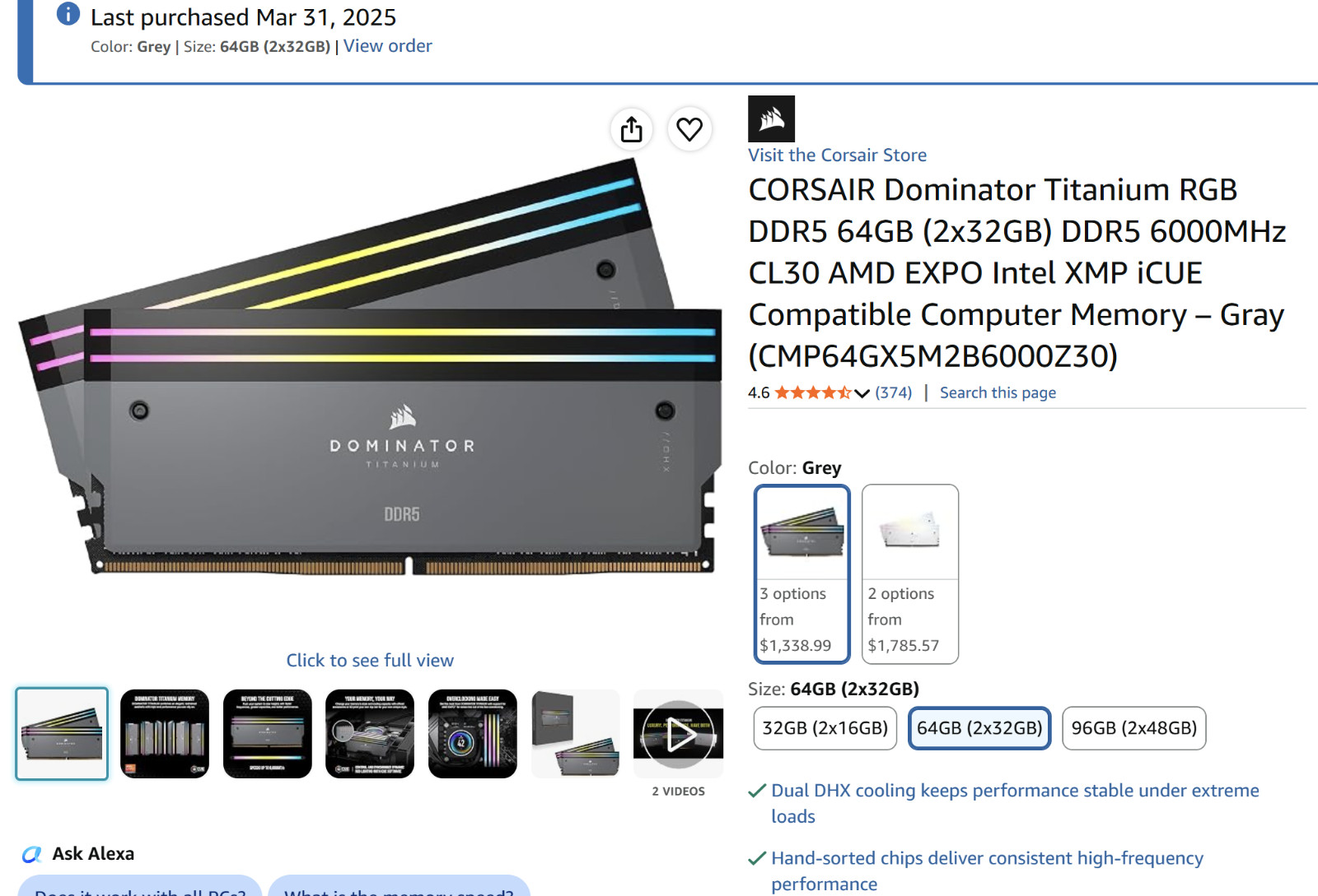 CORSAIR Dominator Titanium RGB DDR5 64GB(2x32GB) DDR5 6000MHz CL30 CMP64GX5M2B60