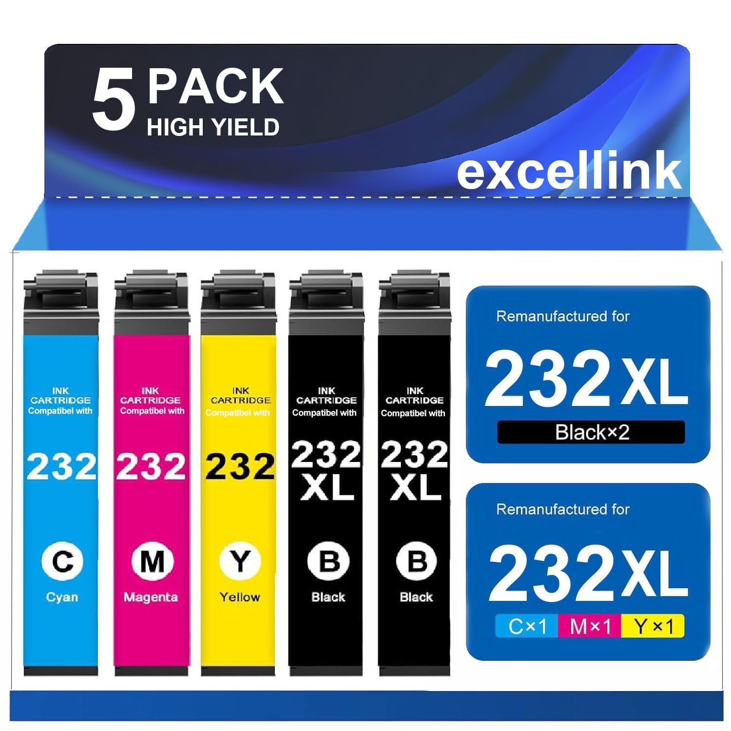 Excellink 232XL Ink Cartridges Combo Pack, 5-Pack, High Yield Black Cyan Magenta