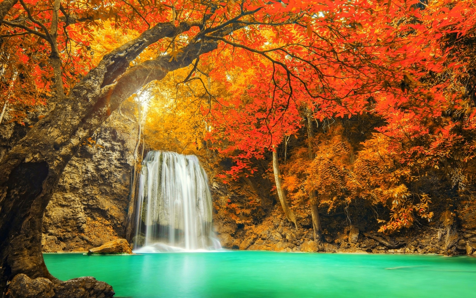 Landscape nature colorful waterfall trees fall red Custom Gaming Mat Desk