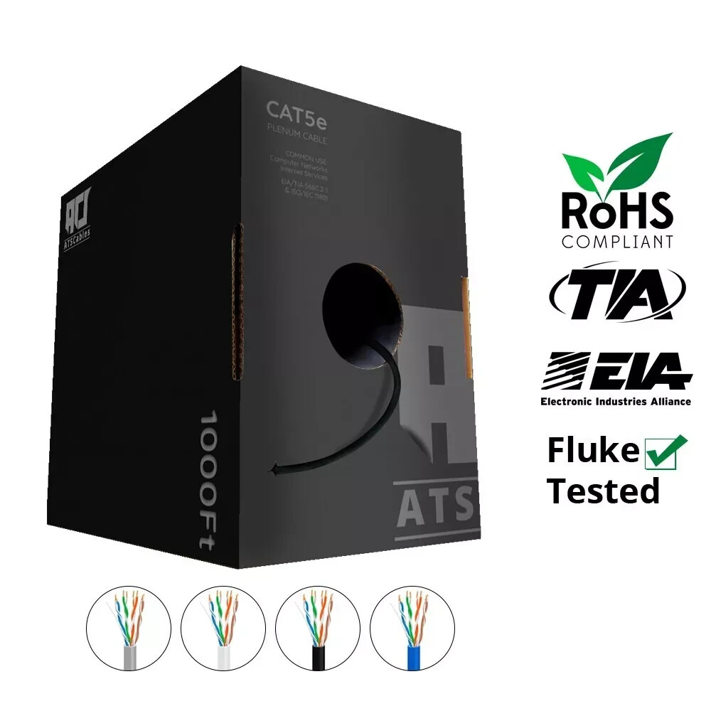 ATS CABLES Cat5e PLENUM UTP RATED 350Mhz 24Awg 1000FT Ethernet Cable in 5 Colors