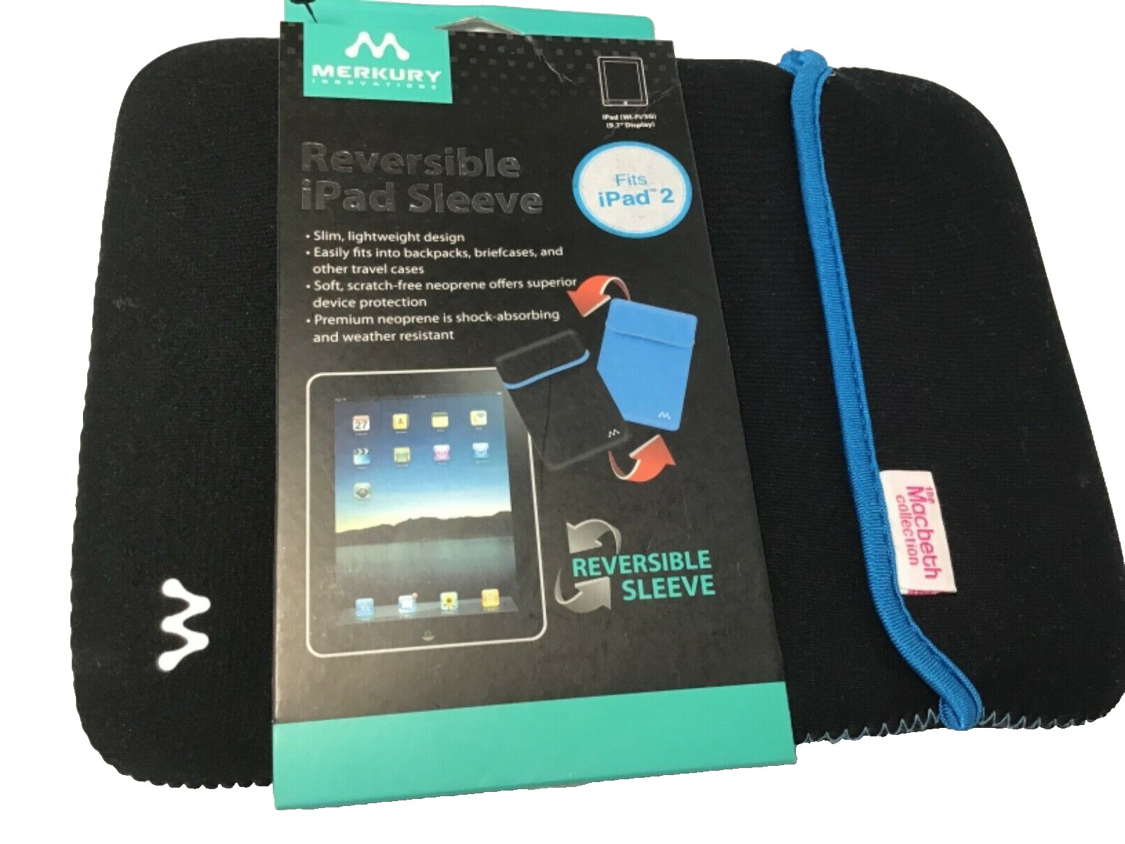 THE MACBETH COLLECTION REVERSIBLE IPAD TABLESLEEVE BLACK TURQUOISE 7 1/2 X10 NIP