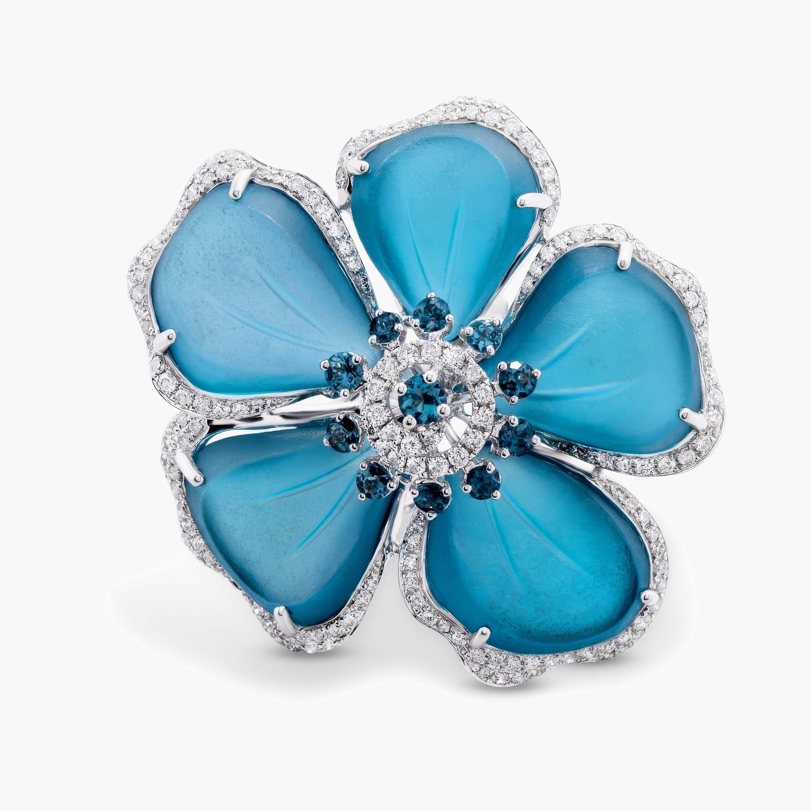 Carved Blue Chalcedony, Blue Topaz & Diamond Flower Ring