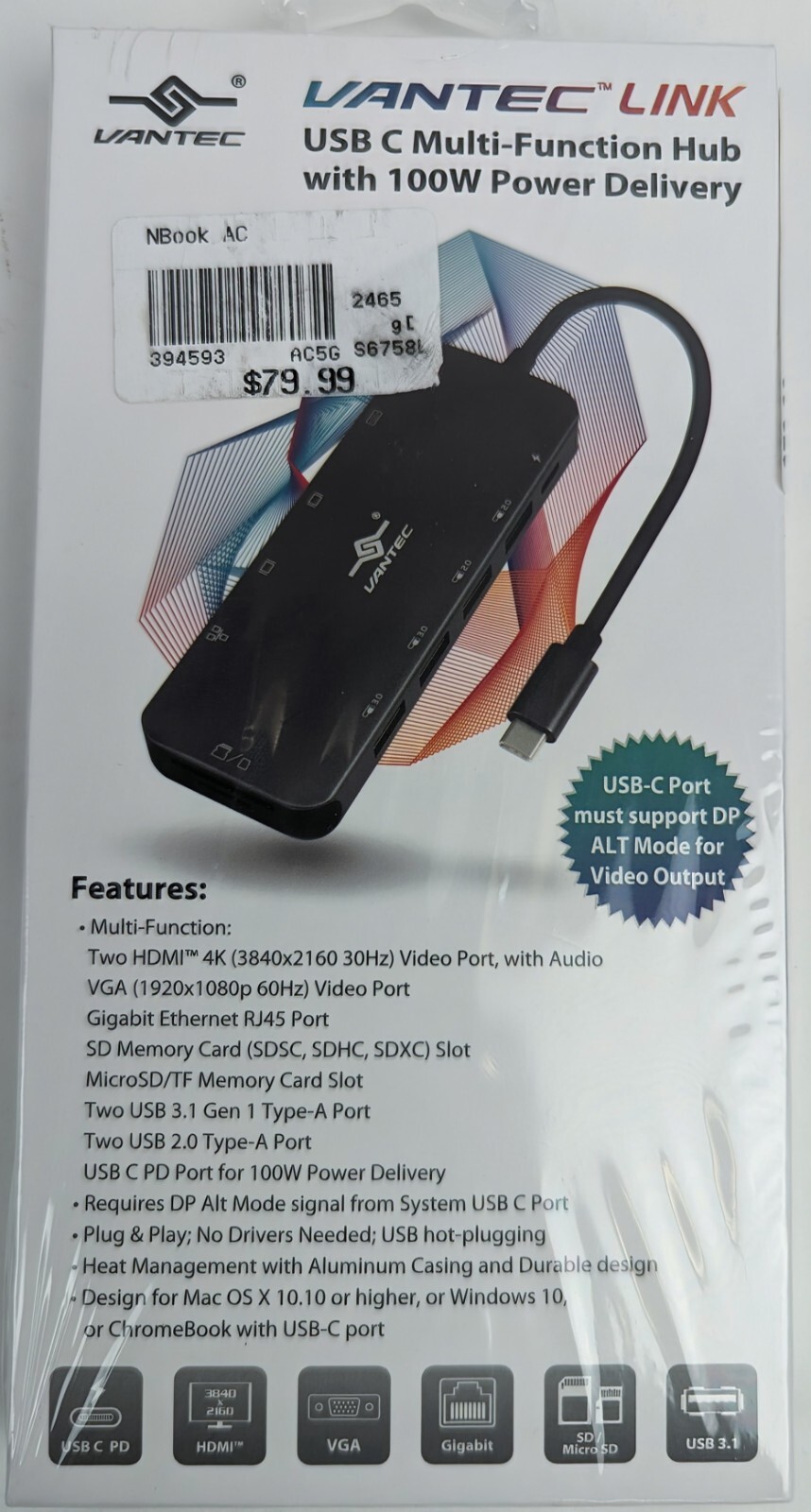 BRAND NEW - Vantec Link - USB C Multi-Function Hub with 100W Power Delivery