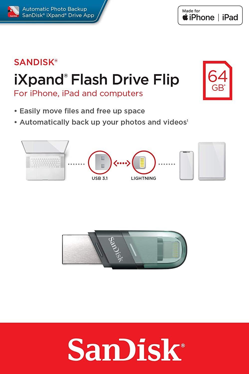 SanDisk iXpand Flip USB 3.1 Flash Drive for iPhone & iPad Lightning Connector