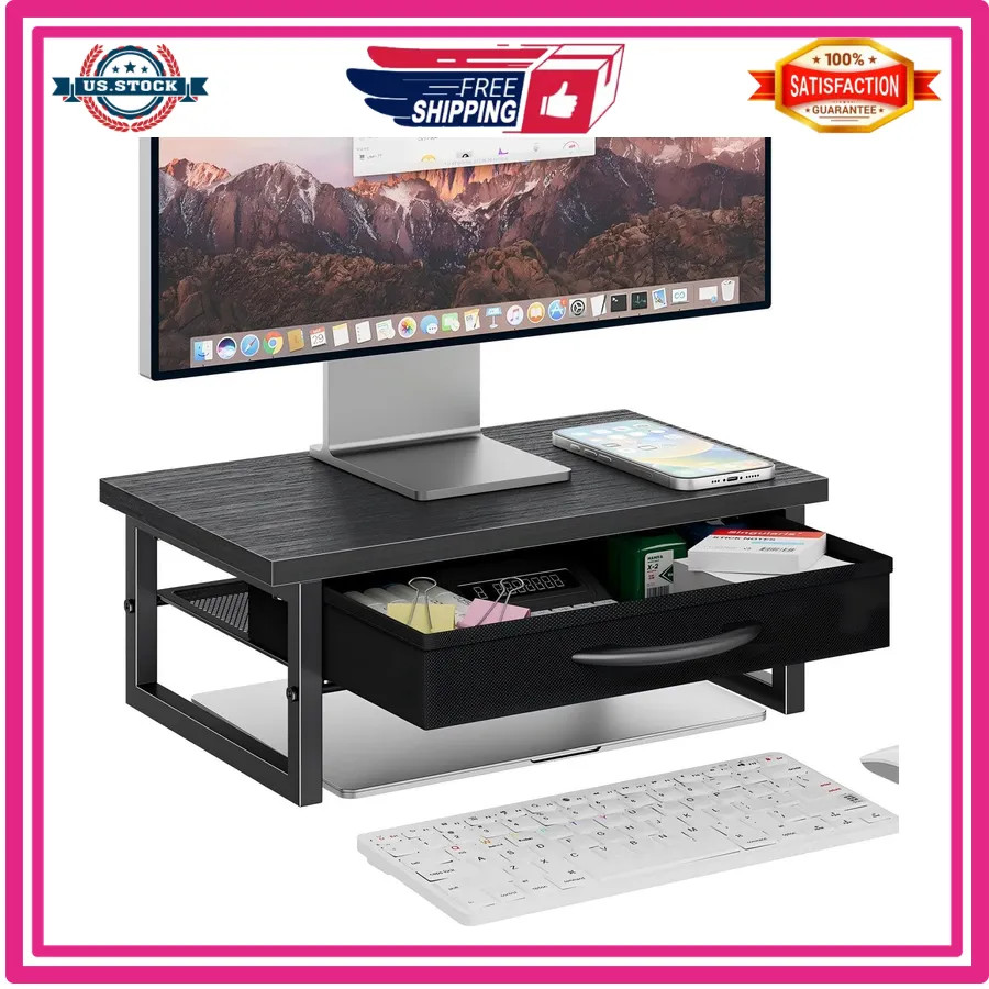Ekisemio 2-Tier Monitor Stand with Fabric Drawer Wood and Metal Desk Organizer