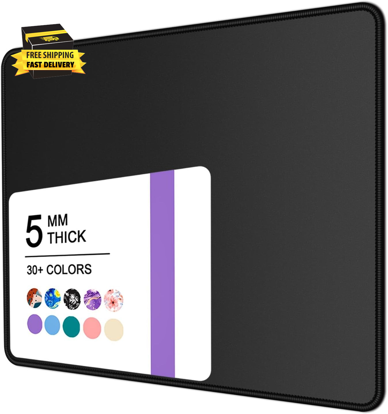 Mouse Pad, 30% Thicker Black Computer Pad, Anti-Slip Rubber Mouse Mat with Stitc