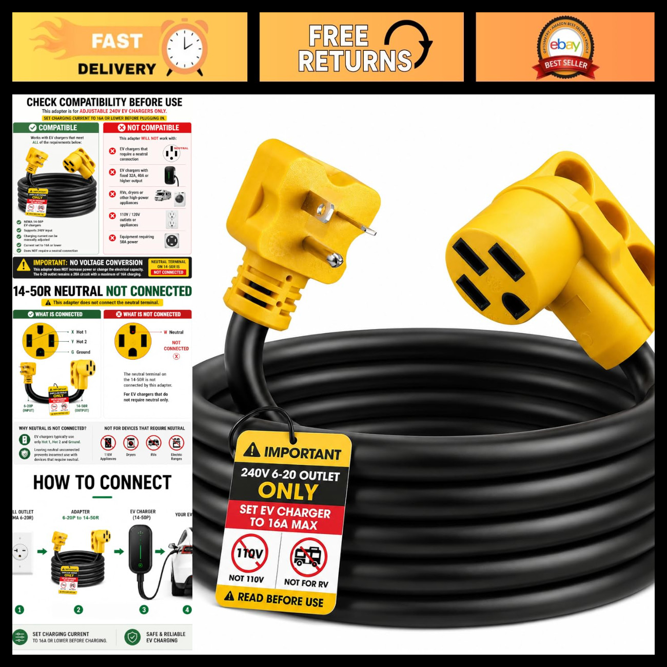 10ft EV Charger Adapter Cord NEMA 6-20P to 14-50R, 16A Max, 220V, Fast Charging