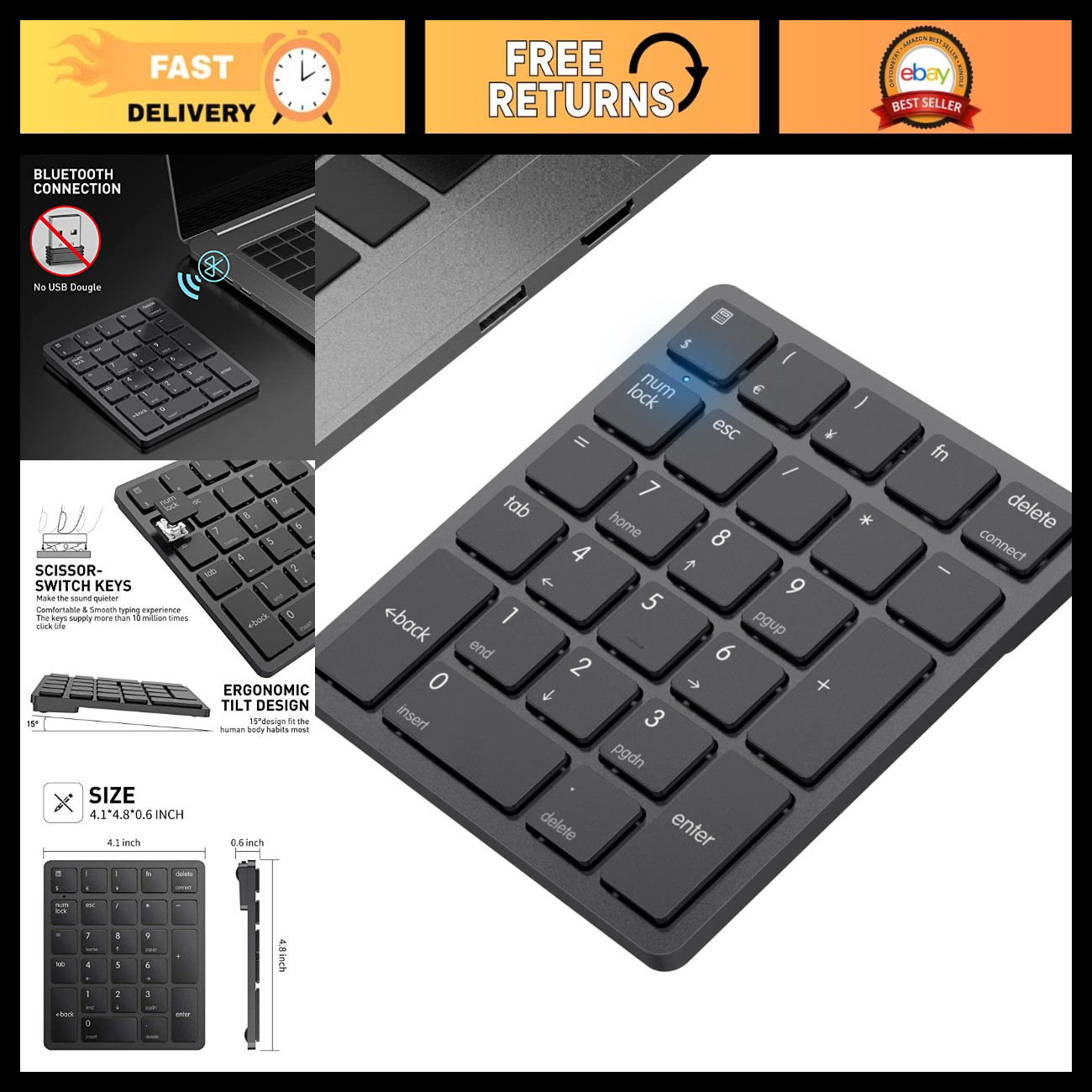 Wireless Bluetooth Numeric Keypad - 26-Key Portable Rechargeable Numpad for PC/L