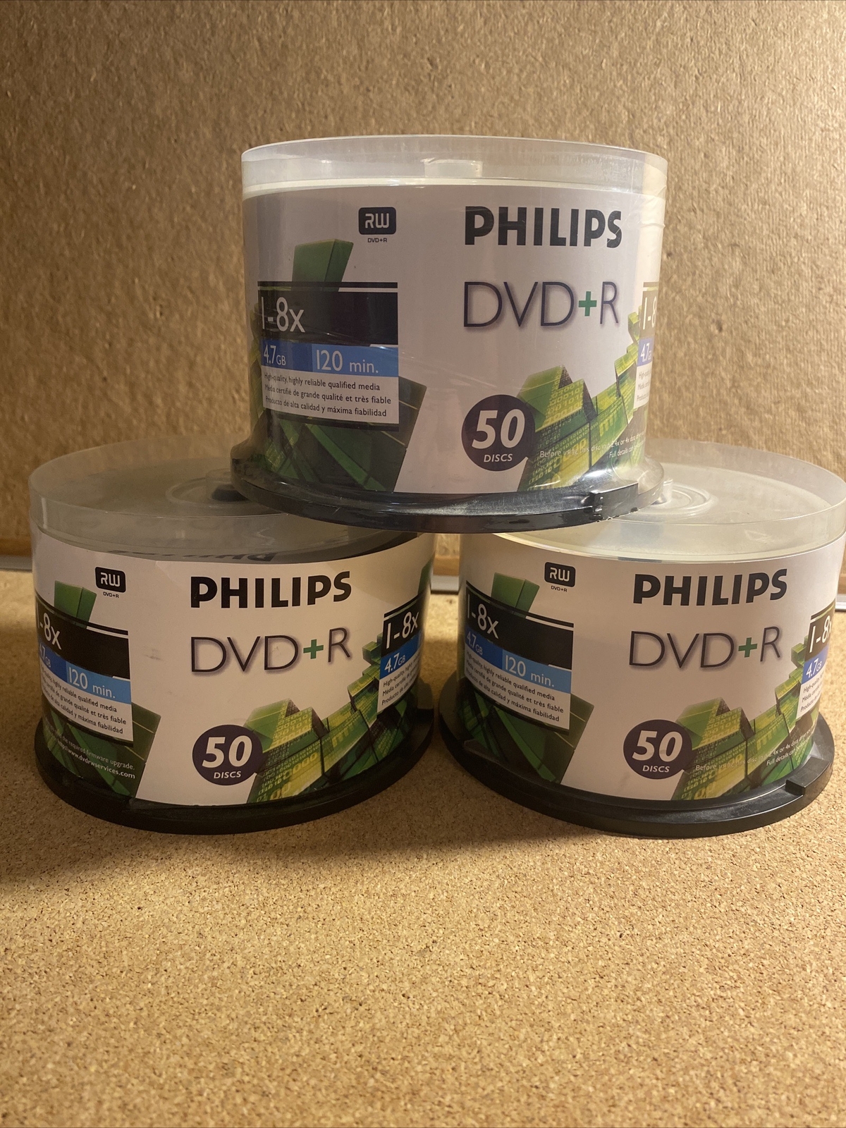 Lot 3 Philips 8X DVD+R 50 Pack Blank Discs 4.7GB, 120 Minutes Brand Spindle