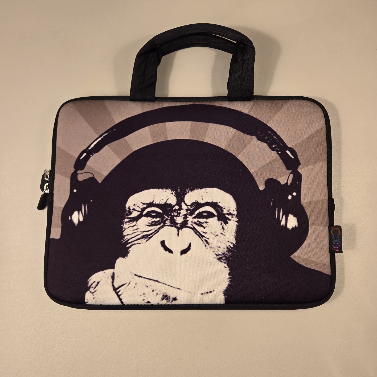 iColor Neoprene Padded Laptop/Tablet Case Zips Handle Monkey With Earphones 13"