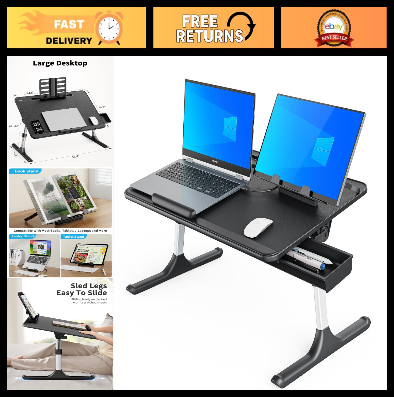X-Large Foldable Lap Desk for Bed & Sofa, Laptop Table with Book Stand & Wrist R