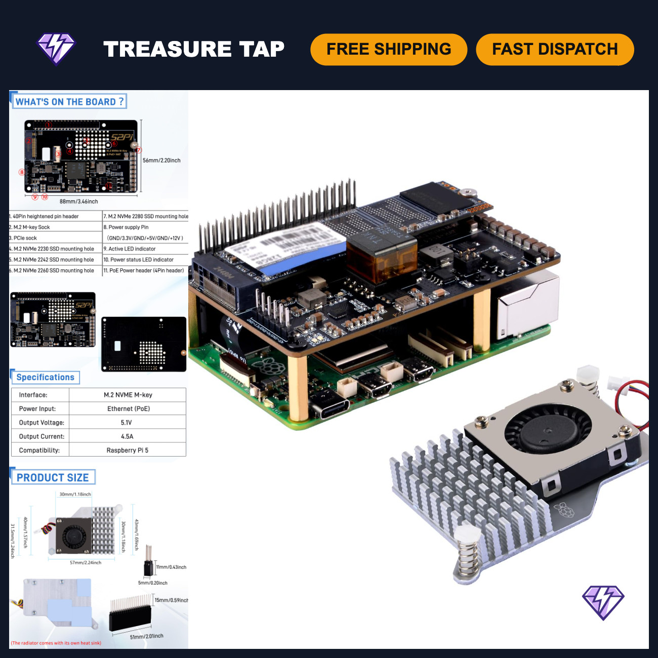 M.2 NVMe M-Key PoE+ Hat for Raspberry Pi 5 with Active Cooler, Supports SSDs 223