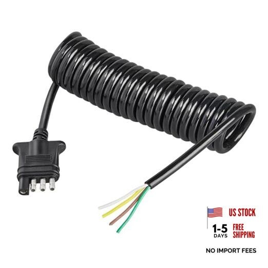 4 Way Flat Trailer Wiring Harness Coiled Cable 10.5 Feet, Stretchable 4 Pin