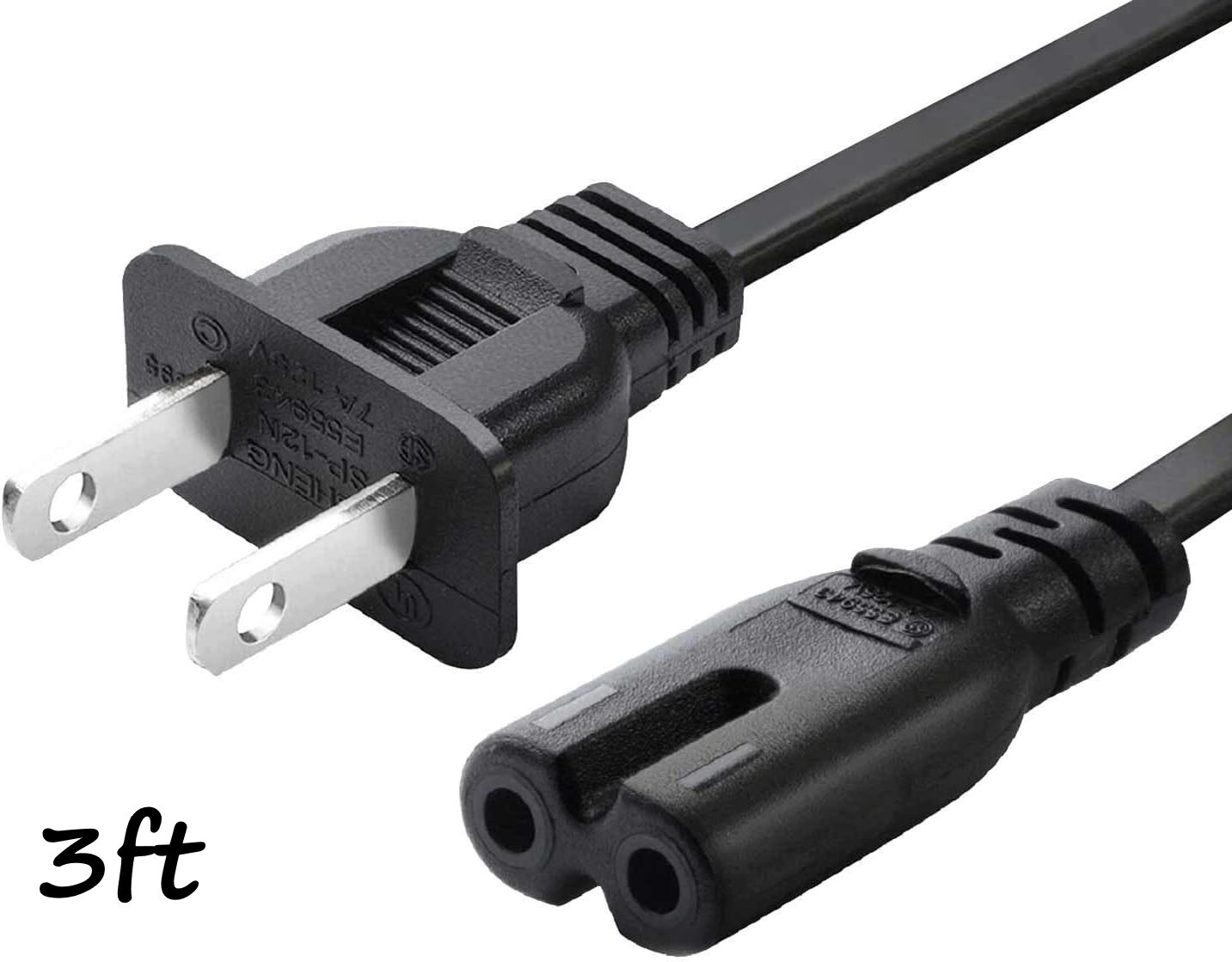 AC 2 Prong Power Cord 3FT Standard 2-Slot Power Cable Replacement