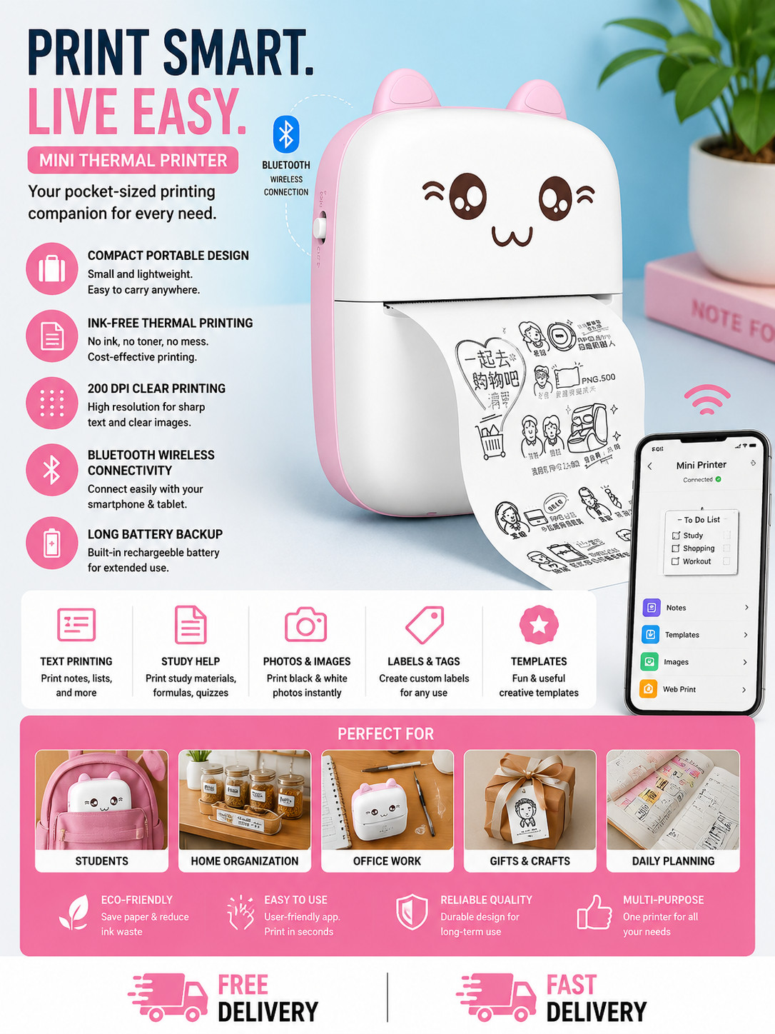 AUSHA Pocket Thermal Printer Mini Inkless Bluetooth Mini Pocket Portable Mobile