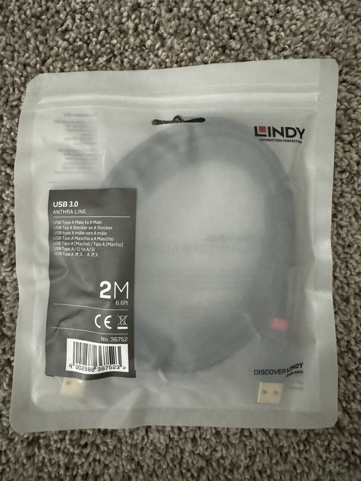 LINDY 36752 2m USB 3.0 Type A Cable, Anthra Line, Black, Male To Male