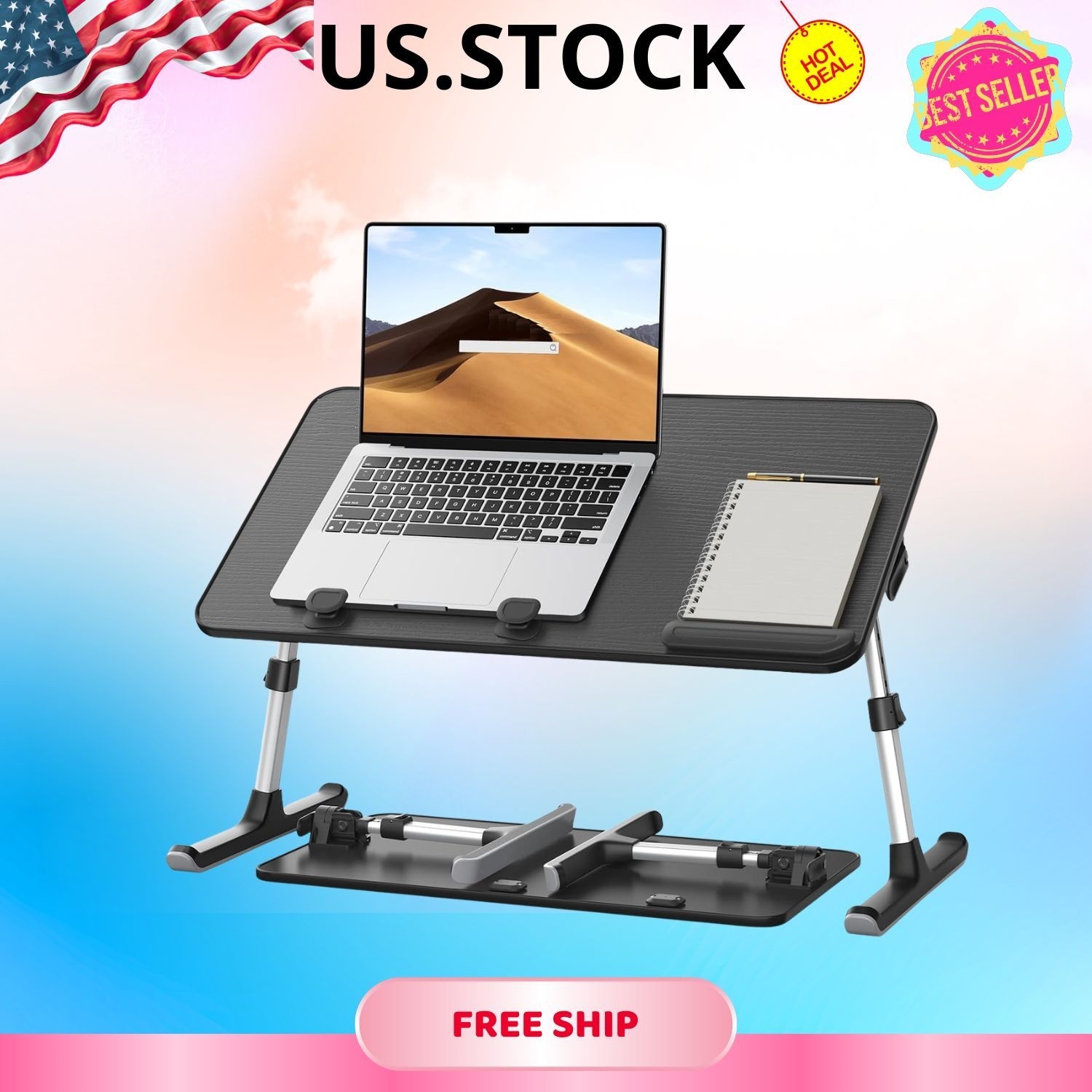 SAIJI Adjustable Laptop Desk Folding Bed Table 5 Heights 4 Angles Black 60x33cm
