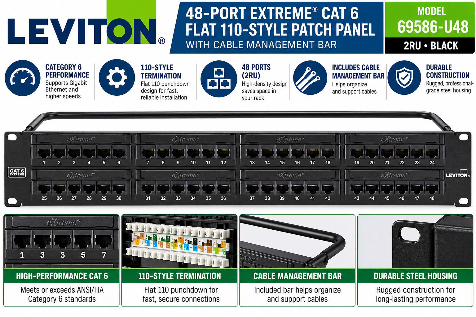 Leviton (69586-U48 ) eXtreme 6+ Cat6 48-Port 2RU Patch Panel 110-Style Black