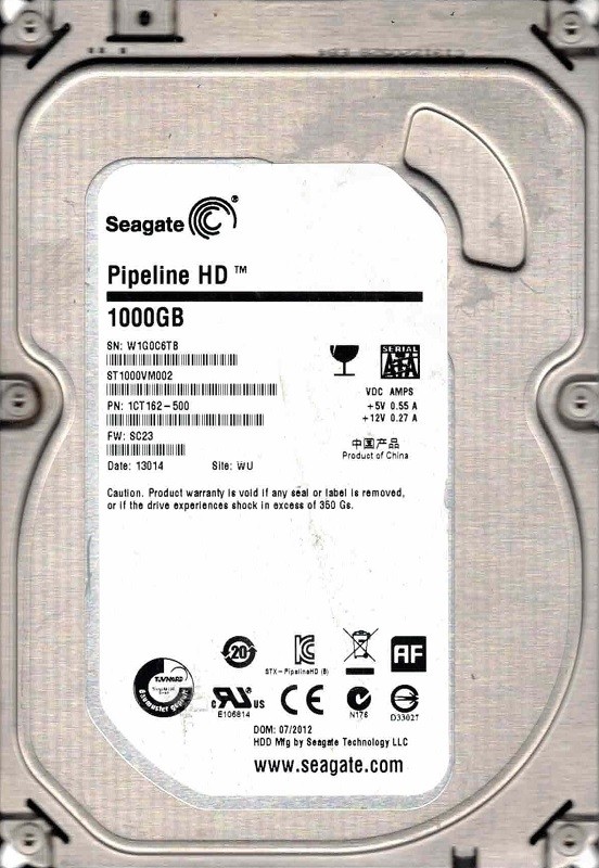ST1000VM002 P/N: 1CT162-500 F/W: SC23 WU W1G0 07/2012 Seagate 1TB