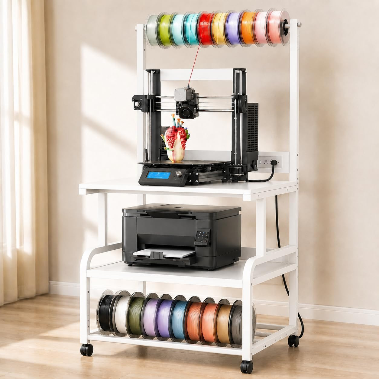 Homieasy 3D Printer Stand with Charging Station, 29.1" X22.8", White