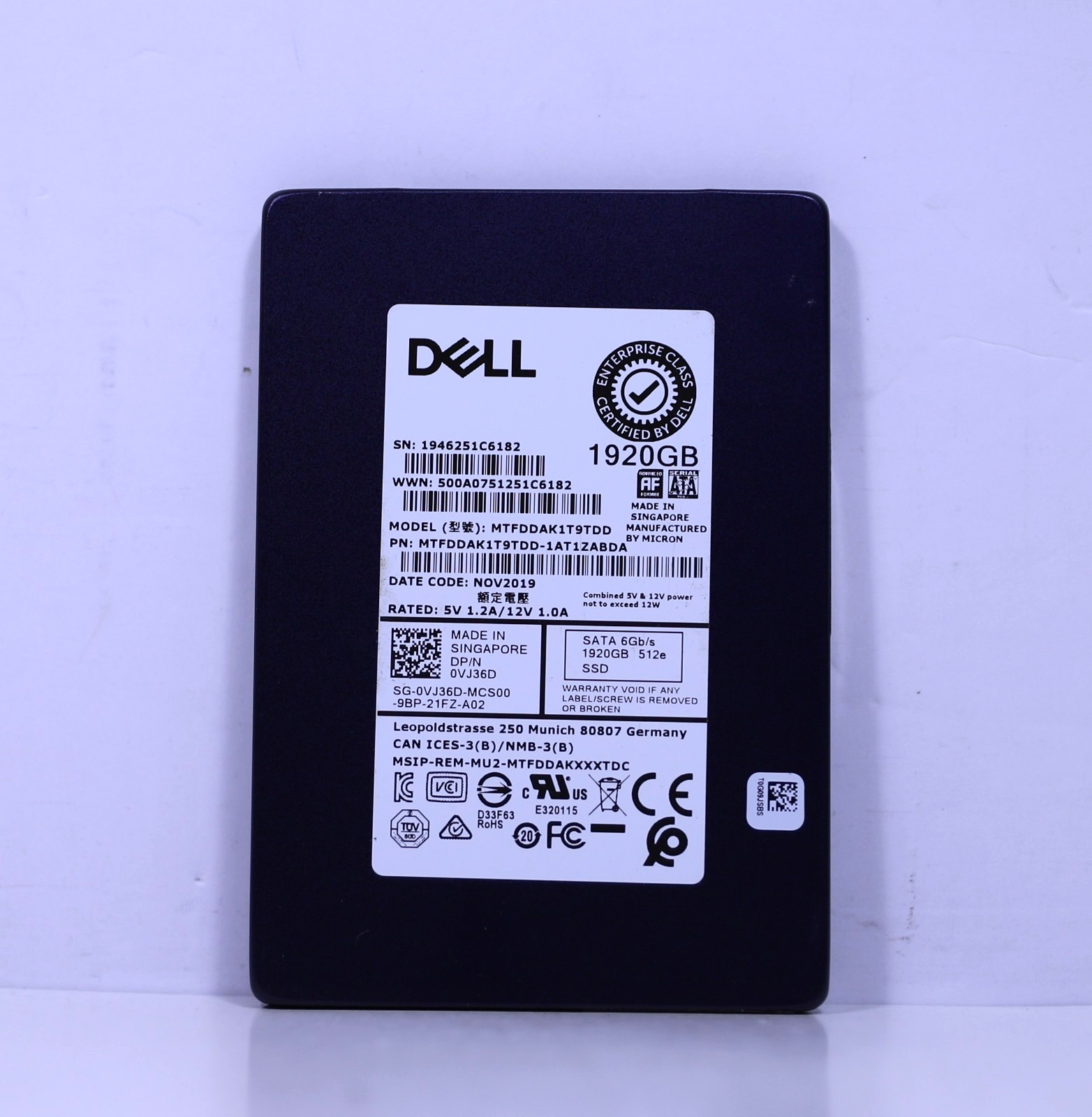 Dell Enterprise 1.92TB SSD 2.5" SATA 6Gbps Read Intensive MTFDDAK1T9TDD VJ36D