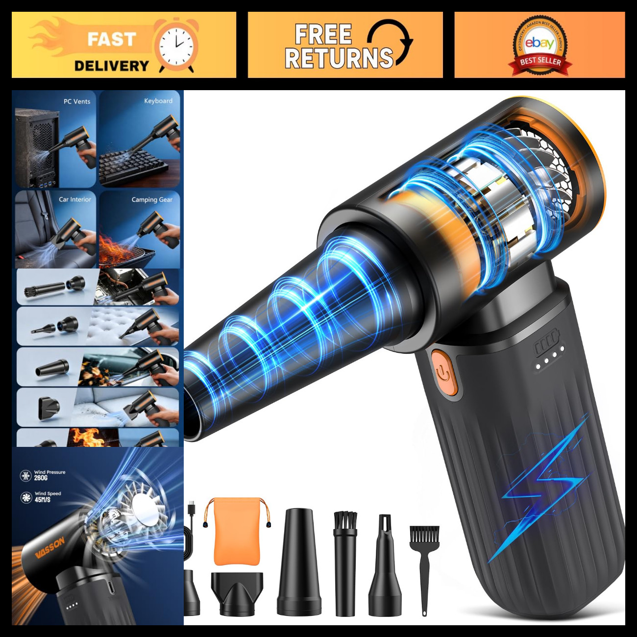 High-Speed Compressed Air Duster, Brushless Motor, 3-Speed Adjustable Cleaner