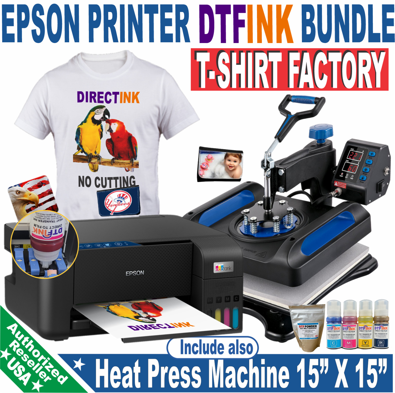 Epson Printer with DTF ink- Heat Press Machine 15x15 T-Shirt Print Start Bundle+