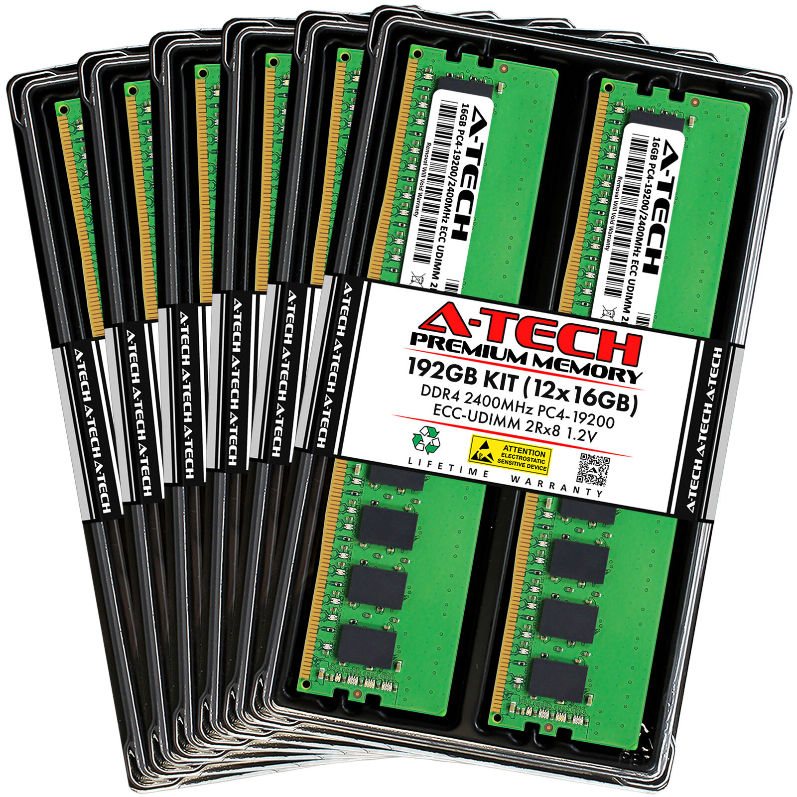 A-Tech 192GB 12x 16GB 2Rx8 PC4-19200E DDR4 2400 MHz ECC UDIMM Server Memory RAM