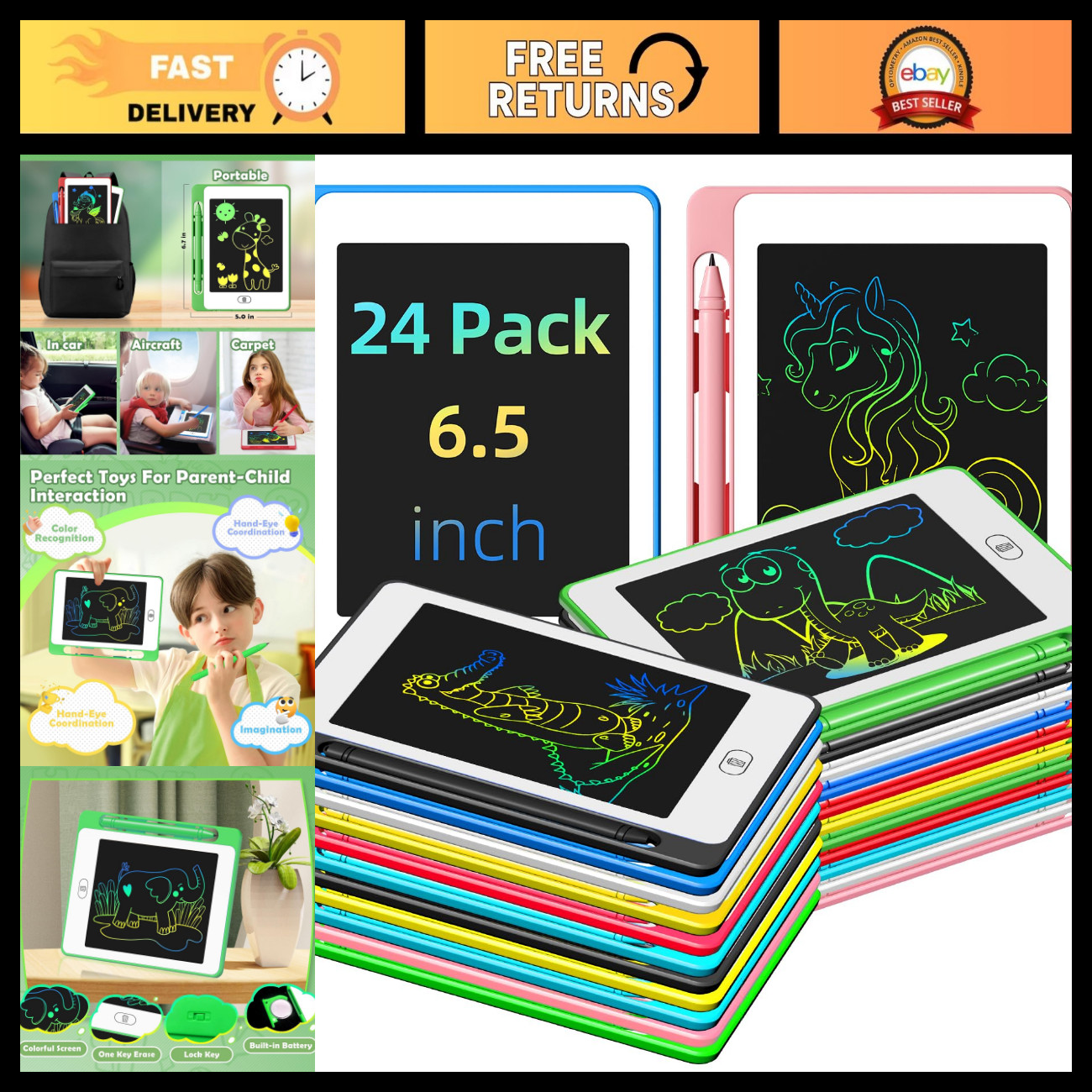 24 Pack Colorful LCD Writing Tablets, 6.5" Erasable Doodle Boards, Educational T