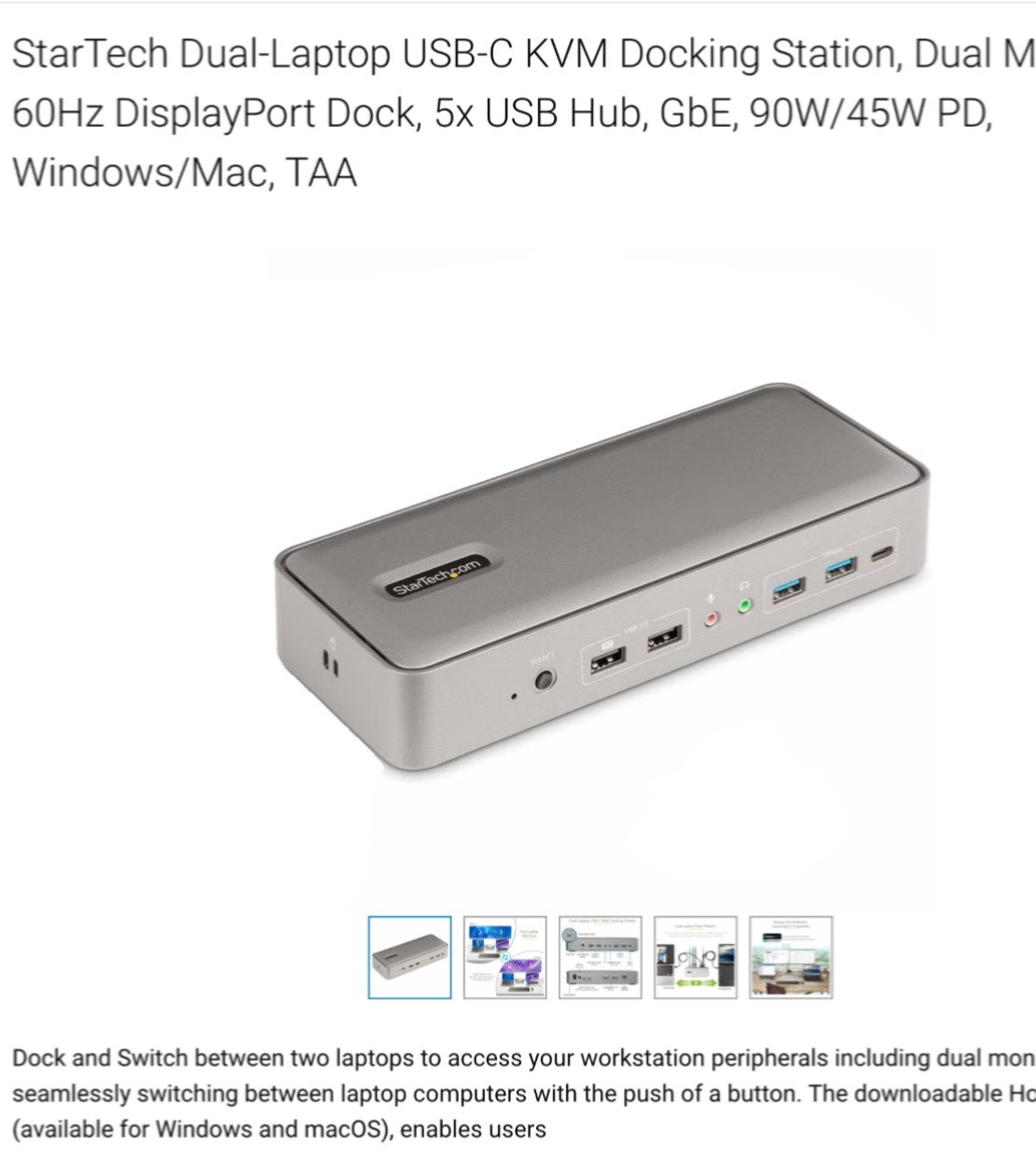 StarTech Dual-Laptop USB-C KVM Docking Station, Dual Monitor 4K 60Hz DisplayPort