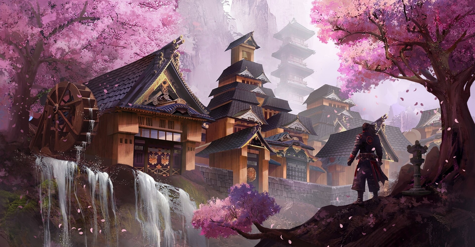 Landscape  fantasy art waterfall cherry blossom Custom Gaming Mat Desk