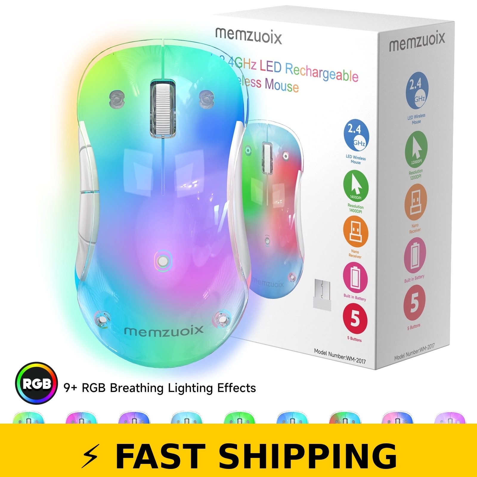 Memzuoix LED Wireless Gaming Mouse, 9-Color RGB, 1600 DPI, Blue