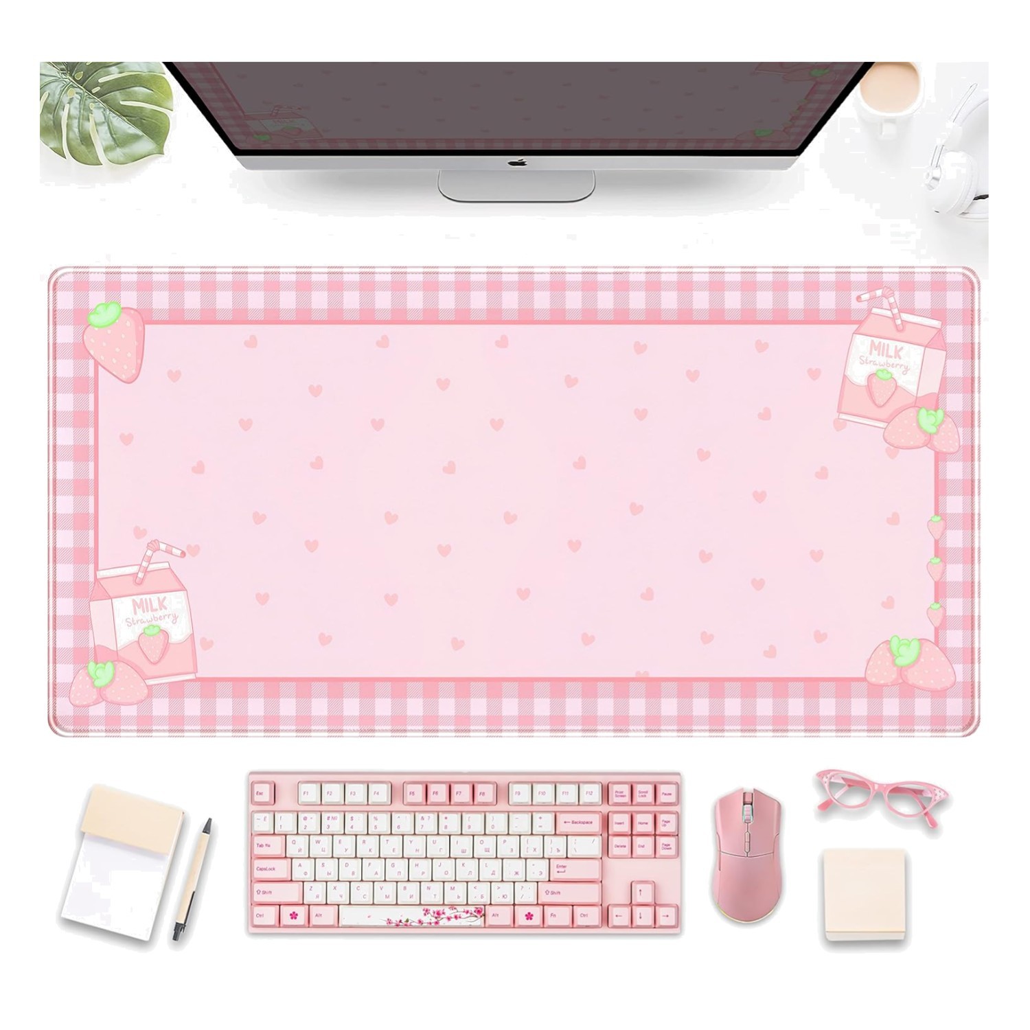 Extended Gaming Mouse Pad - Cute Pink Plaid Desk Mat for Women, 31.5''x15.75''