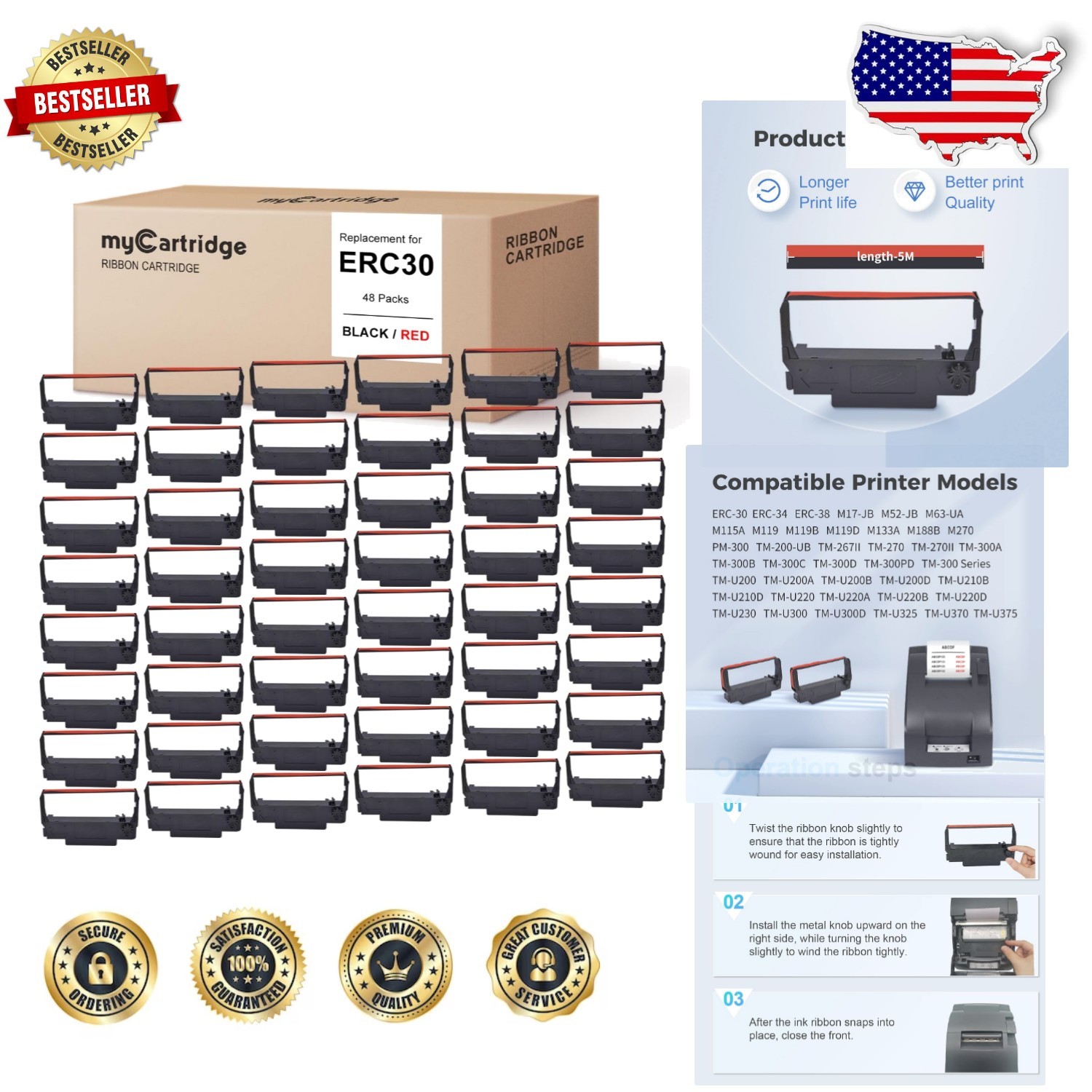 Epson Compatible Ribbon 48 Pack - Clear Print, Extended Printer Life, Long La...