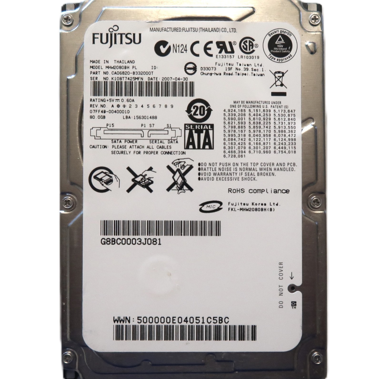 Fujitsu MHW2080BH PL CA06820-B332000T 07FF4B-0040001D 80gb 2.5" Sata HDD 2007-04