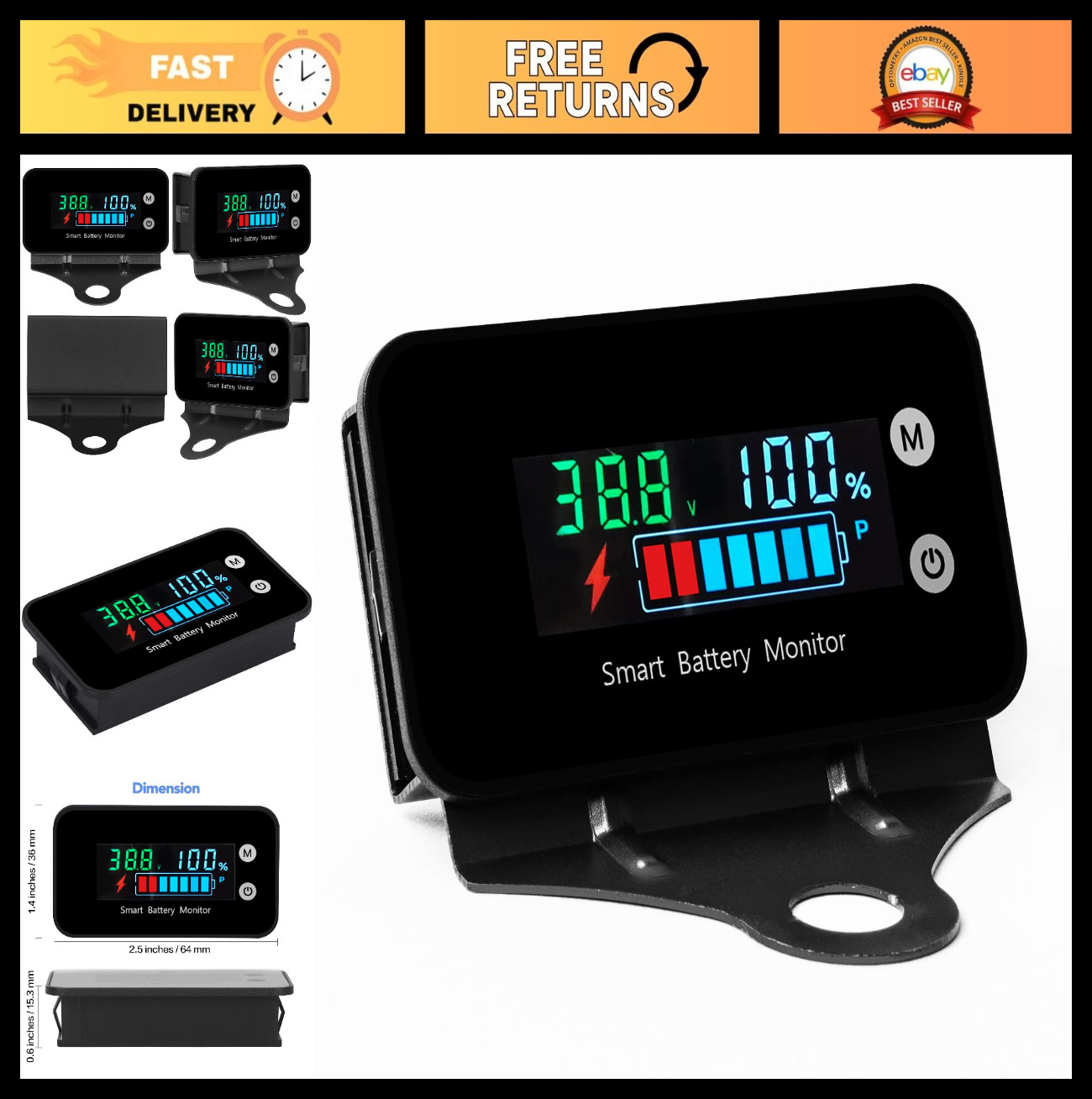 Waterproof Battery Monitor 7-100V Tester with Bracket, Temp Alarm, Digital Displ
