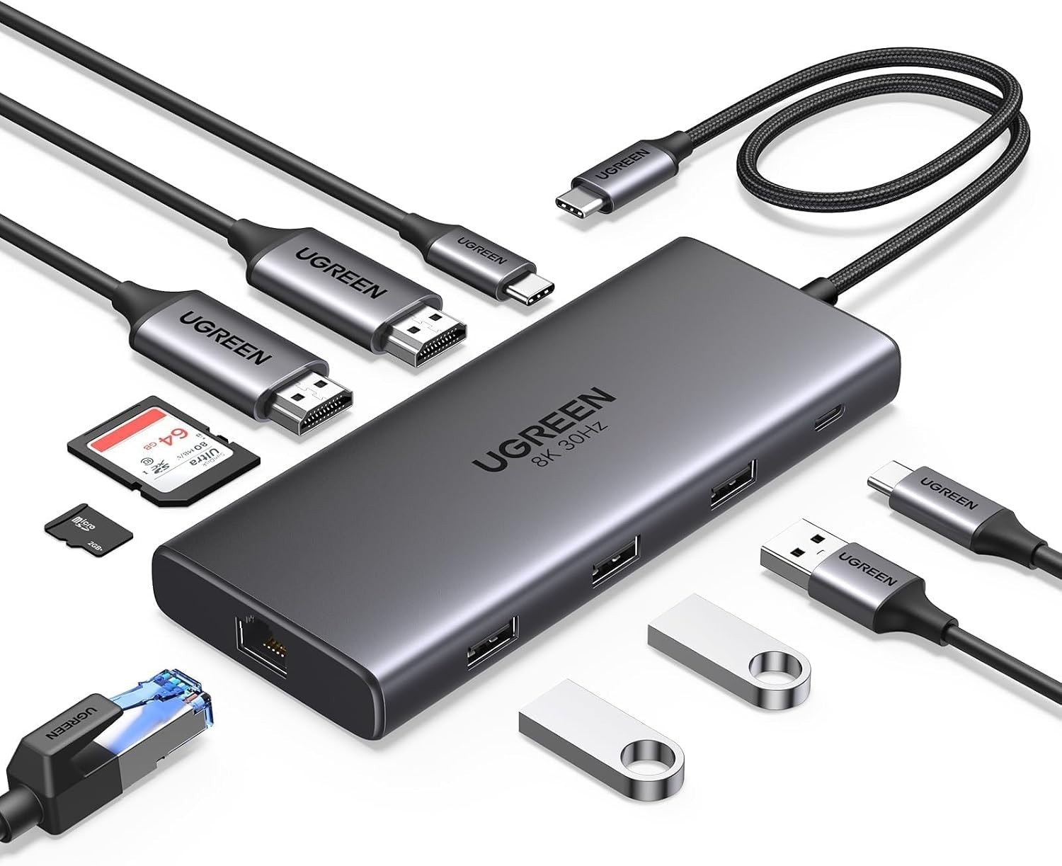 UGREEN 10-in-1 USB-C Hub Dual HDMI 8K 4K 100W PD Ethernet SD CM639 NEW