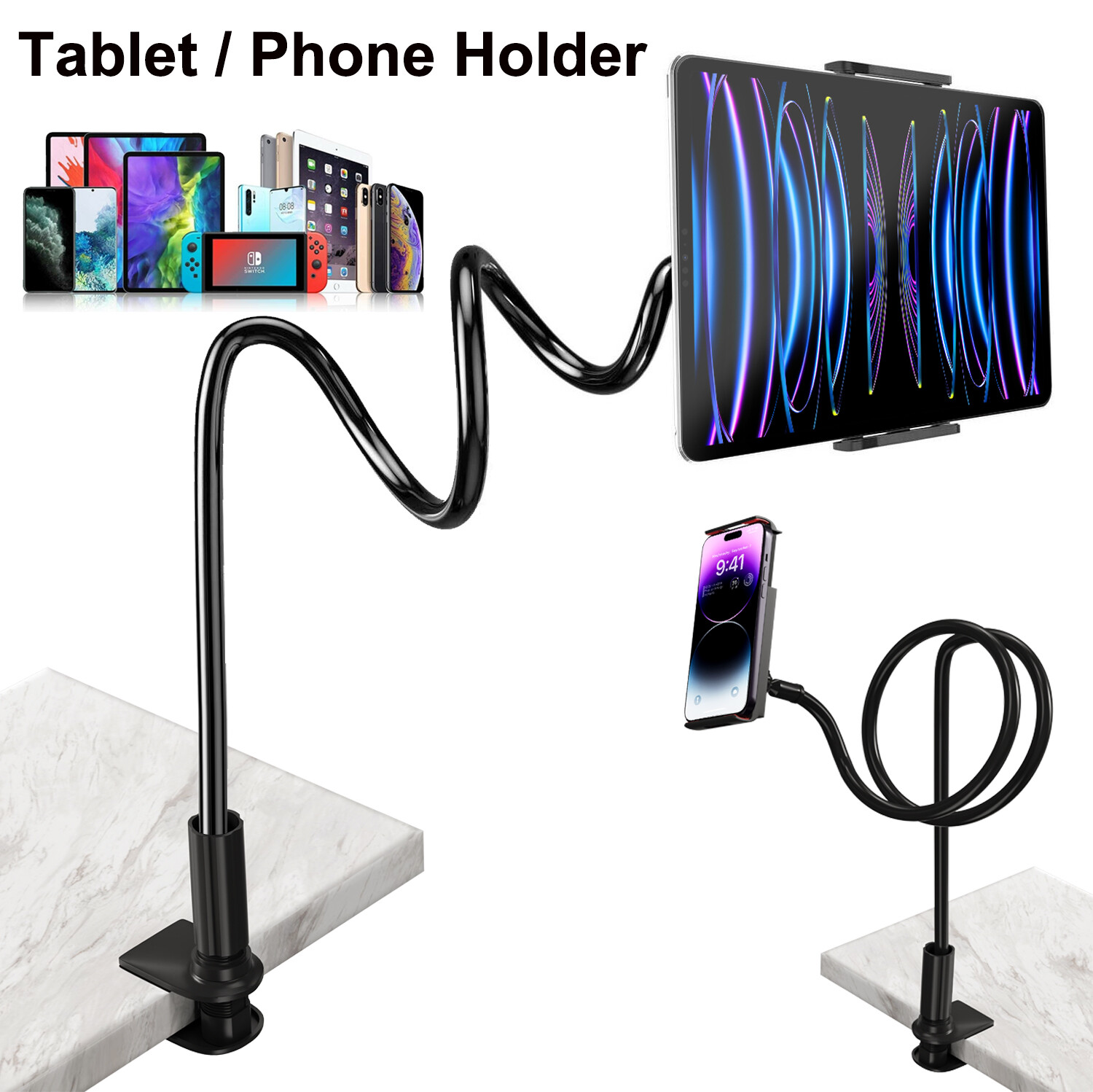 Universal Gooseneck Tablet Phone Holder,Mount Stand Flexible Bed Desk Table Clip