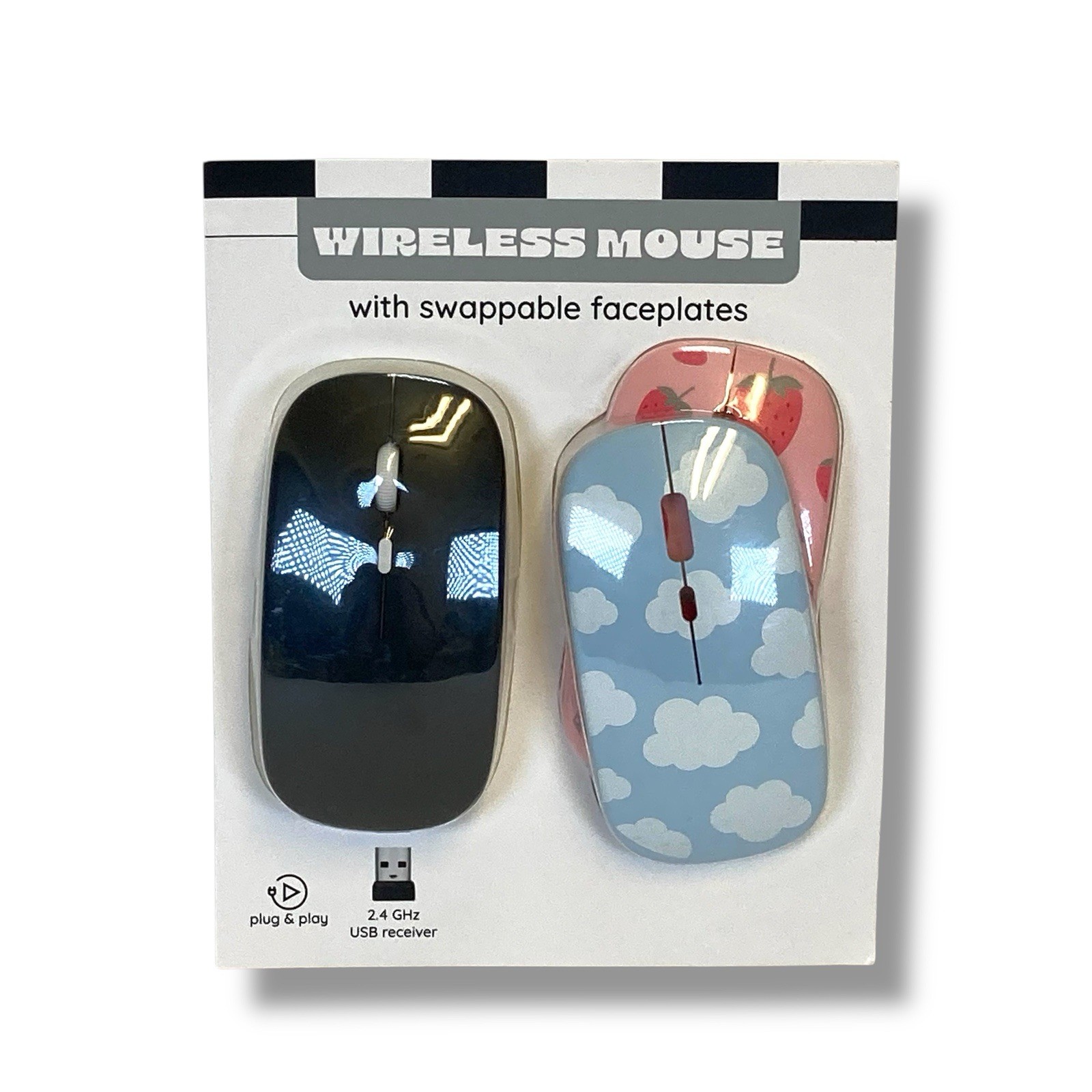 Vivitar Wireless Mouse Swappable Face Plates Black/Strawberries/Clouds NEW