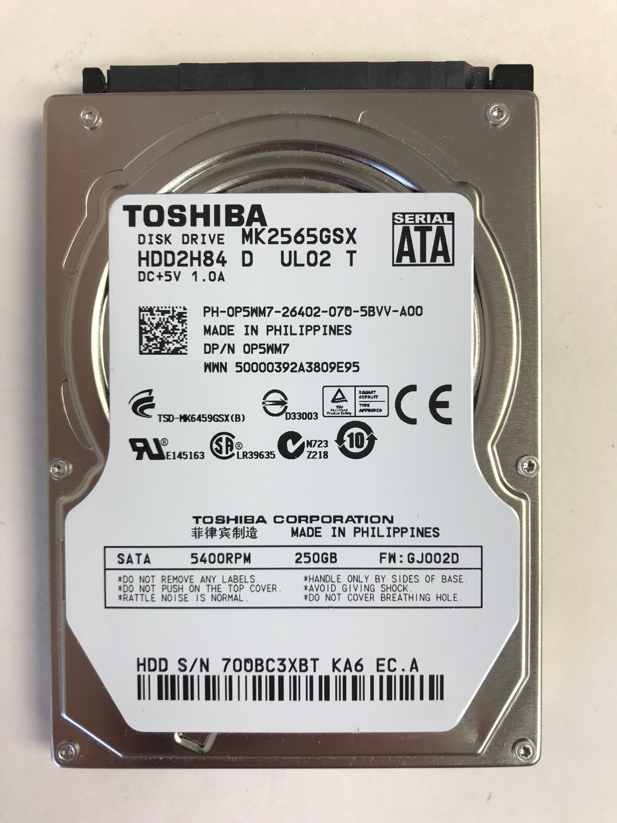 DELL P5WM7 250GB SATA 2.5" HARD DRIVE TOSHIBA MK2565GSX HDD2H84 W/WARRANTY