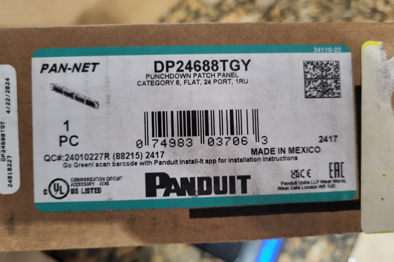 Panduit DP24688TGY Patch Panel, Cat 6, Rack Mt, 24 Port Open Box