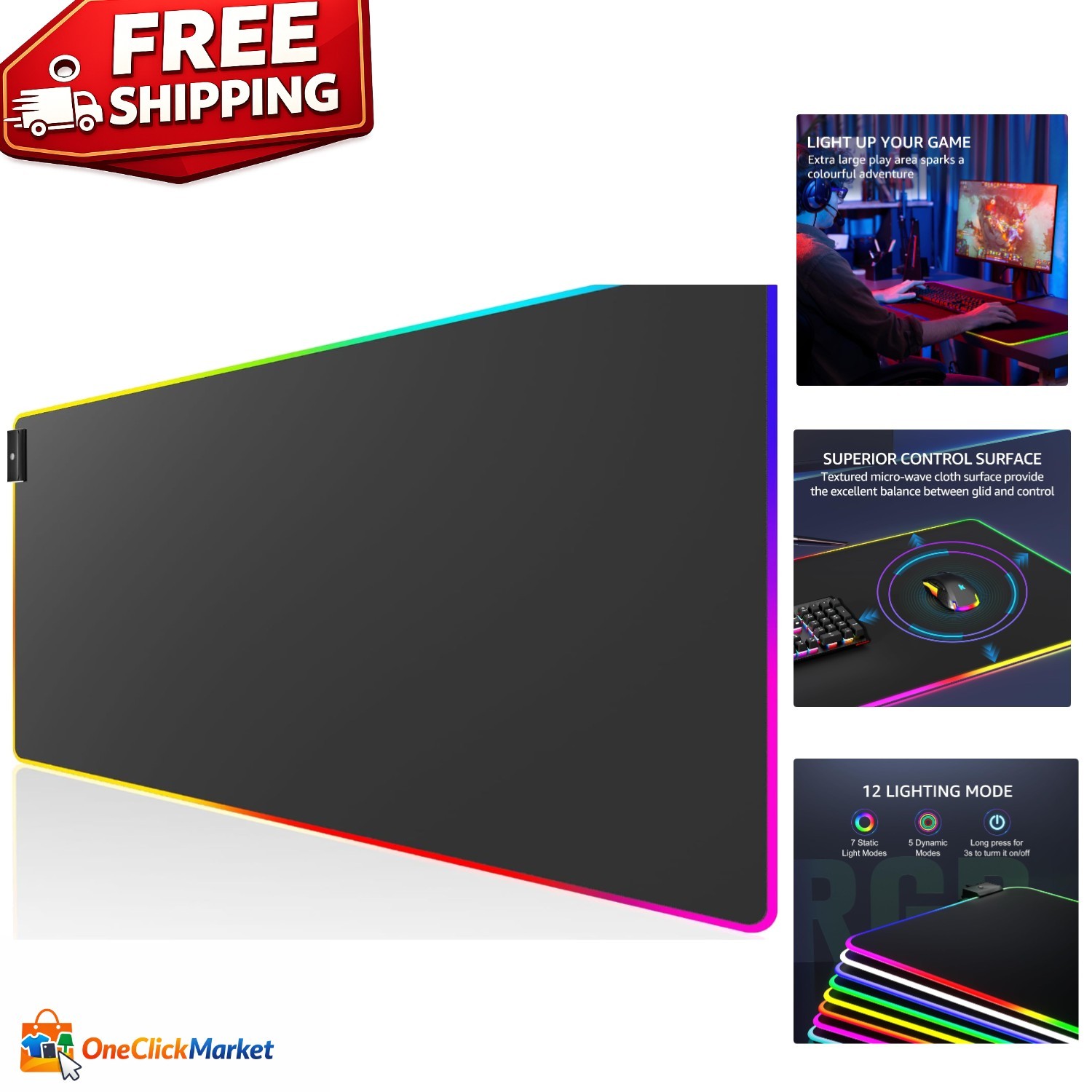 RGB Gaming Mouse Pad 31.5x15.7 in - Non-Slip, Water-Resistant, Stitched Edges
