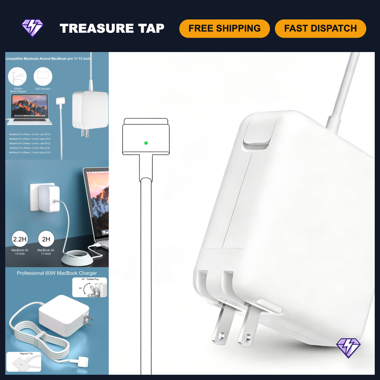 60W Mag 2 T-Tip Charger for MacBook Pro/Air 11'' 13'' - Fast Charging Adapter