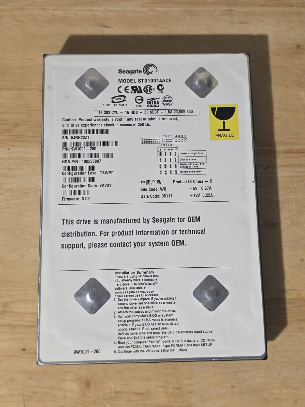 Seagate U Series 9 80 GB, Internal, 5400 RPM, 3.5" MODEL #ST310014ACE