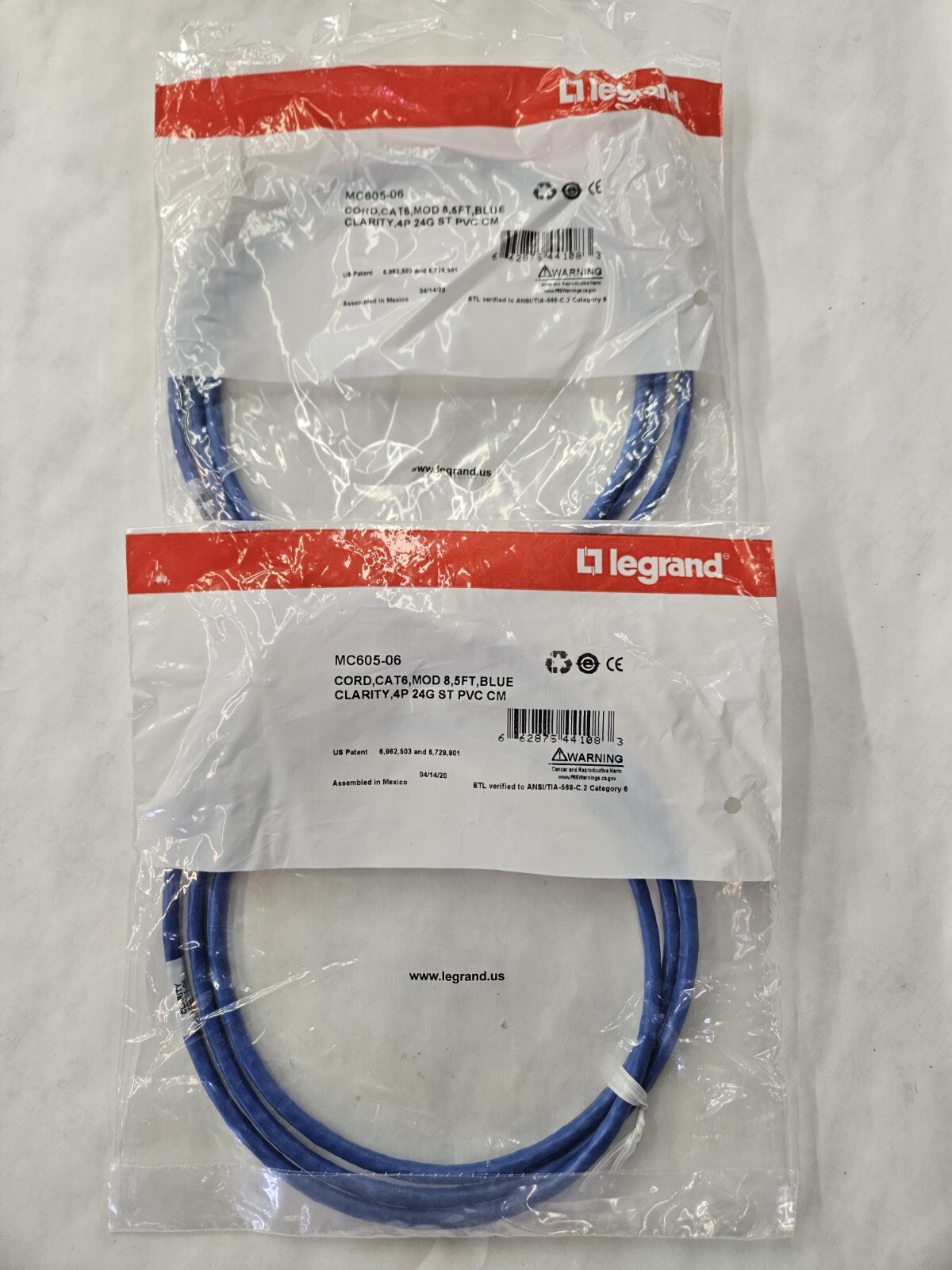 (2) Legrand -MC605-06 - Clarity Cat 6 UTP Modular Patch Cord, 5 FT, Blue