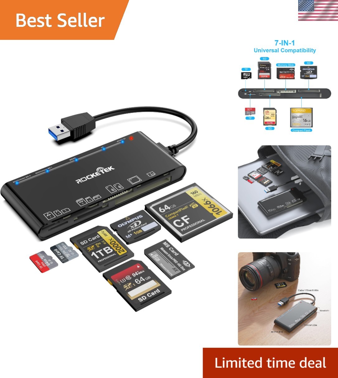 Multi-Card Reader for xD, CF, SD, TF – 7-in-1 USB 3.0 Adapter for All Systems