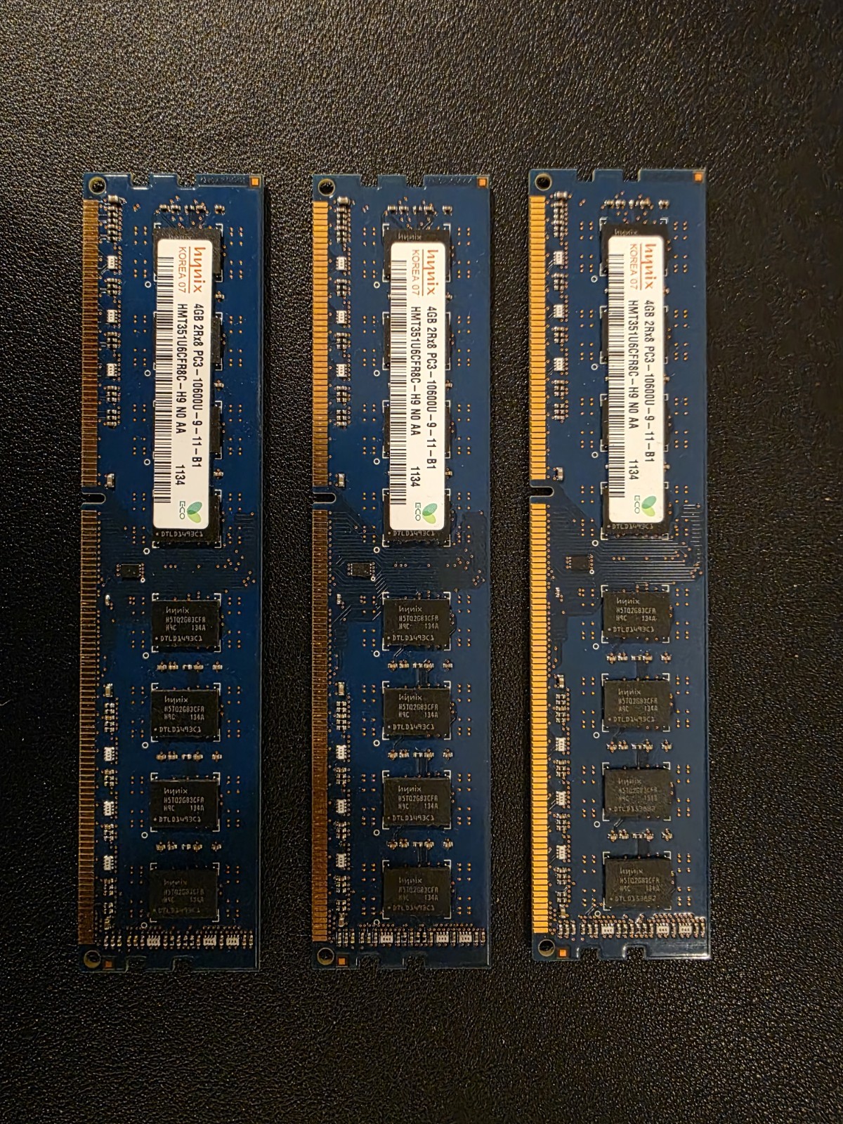 Lot of 3 SK Hynix 4GB DDR3 RAM PC3-10600U 1333MHz UDIMM HMT351U6CFR8C - 12GB 