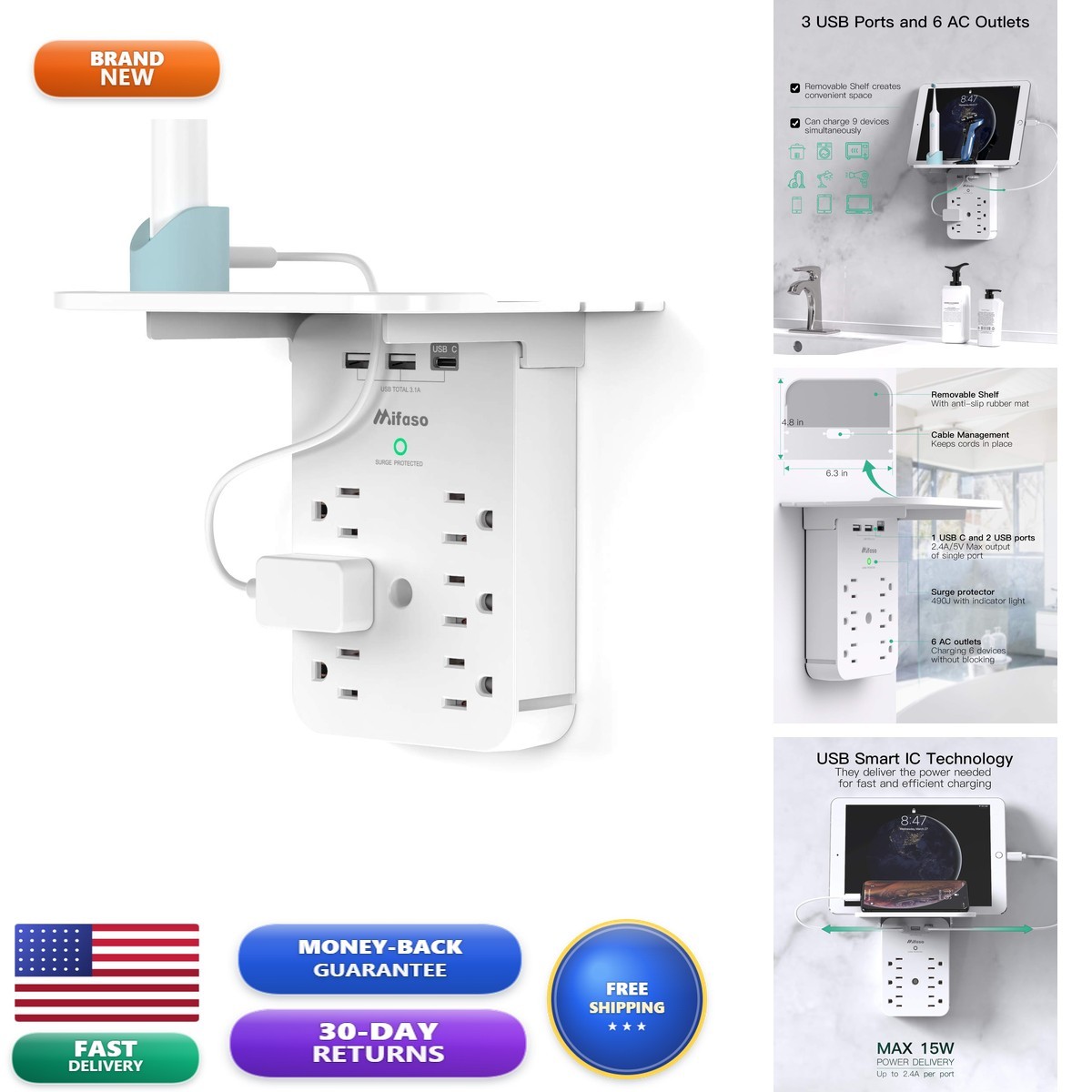 Mifaso MFS9113 Wall Outlet Extender Surge Protector 6 AC 2 USB USB C