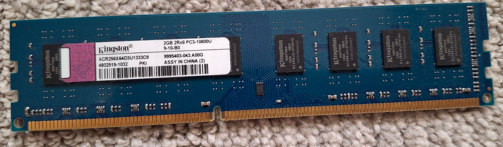 KINGSTON 2GB 2RX8 PC3-10600U Memory Desktop